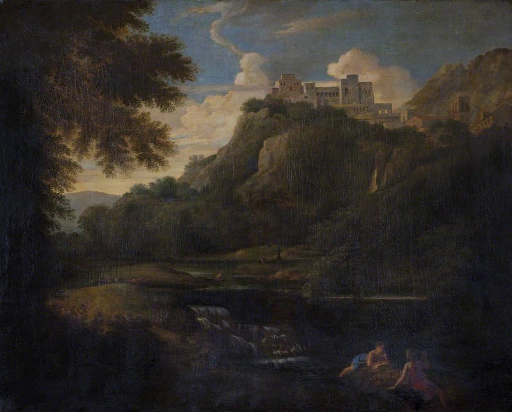 Paesaggio con figure e bovini presso un ruscello con castello - National Trust